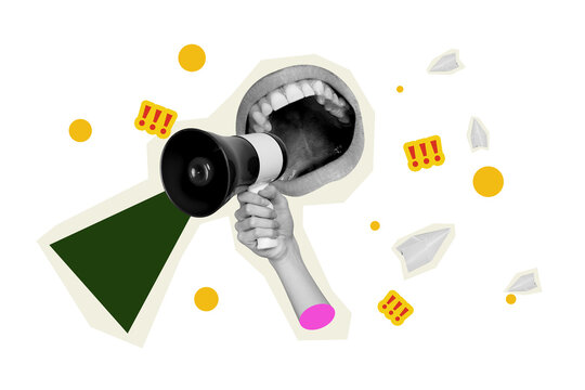 Template sketch trend artwork 3D collage of silhouette hand hold megaphone proclaim announce propaganda speaker attention mouth open talk