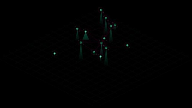 Digital network nodes connected by glowing lines on a dark isometric grid background