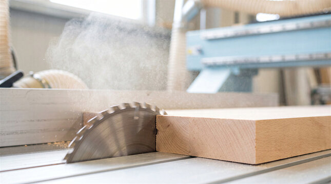Circular saw blade cutting through a thick wooden plank in a professional woodworking workshop with sawdust flying