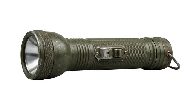 Tactical military flashlight in olive green color isolated on transparent background