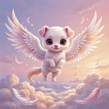 Cute 3D Digital Illustration of Whimsical Winged Baby Creatures Flying Through Pastel Dreamy Sunset Clouds with Floating Feathers and Sparkles   