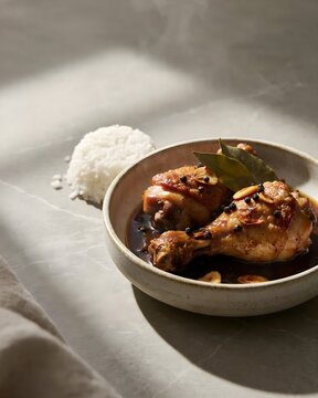 Authentic Filipino Chicken Adobo Stewed with Garlic Soy Sauce Vinegar Bay Leaves and Whole Black Peppercorns Served with Rice   