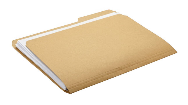 Tan paper office folder with documents inside for business work isolated on transparent background