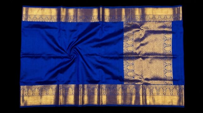 Elegant Royal Blue Indian Silk Saree with Intricate Gold Zari Border Work Flat Lay Display for Traditional Fashion Catalog