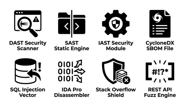Set of advanced cybersecurity icons showcasing dast security scanner static engine sql injection vector security injection disassembler software analysis vulnerability database interface
