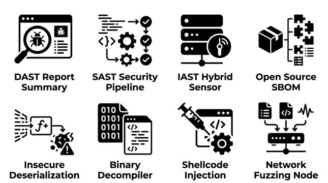 Set of software security testing and vulnerability analysis iconography including dast report summary and code pipeline with security software pipeline deserialization decompiler injection