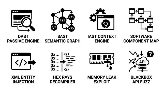 Set of software security and vulnerability testing icons for development lifecycle with security software vulnerability cybersecurity development analysis assessment injection infographic
