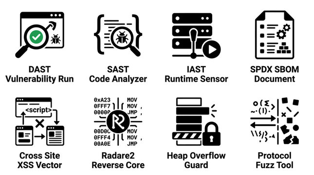 Set of vulnerability testing and reverse engineering icons featuring dast run and xss vector security vulnerability analyzer document software analysis protection collection interface