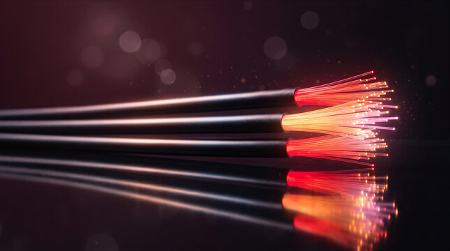 Closeup of fiber optic cables glowing with bright red and orange light against a dark background, representing highspeed data transfer