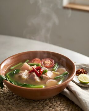 Authentic Filipino Sinigang Na Baboy Sour Pork Tamarind Soup with Sliced Radish String Beans Tomatoes Red Chili and Vegetables in Clay Bowl