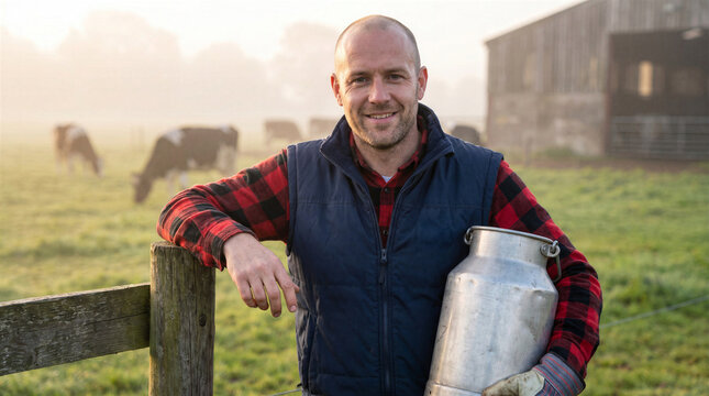 Portrait of a smiling dairy farmer holding a traditional metal milk churn while standing in a pasture with cows at sunrise