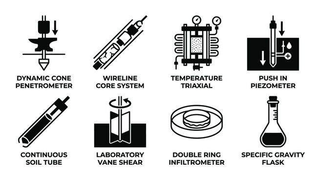 Geotechnical engineering and soil testing laboratory equipment icons with geotechnical engineering laboratory equipment analysis drilling measurement instrument penetrometer wireline