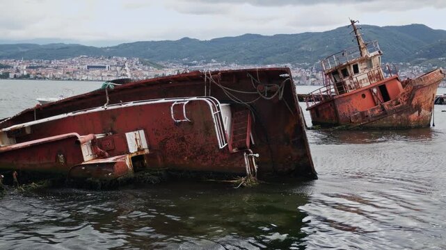 Abandoned Rusty Red Fishing Boat in Izmit Bay