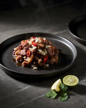 Sizzling Filipino Pork Sisig Made with Crispy Diced Pork Belly Chopped Onions Red Chili and Fresh Lime Halves Served on a Black Ceramic Plate