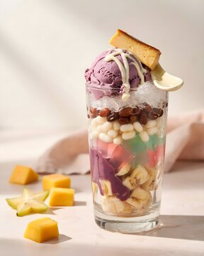 Traditional Filipino Halo-Halo Dessert in Glass Layered with Shaved Ice, Ube Ice Cream, Leche Flan, Sweet Beans, and Condensed Milk Studio Food Photography
