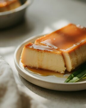 Delicious Slice of Creamy Caramel Custard Pudding Flannel Flan Dessert Drizzled with Sweet Syrup Served on Ceramic Plate Food Photography