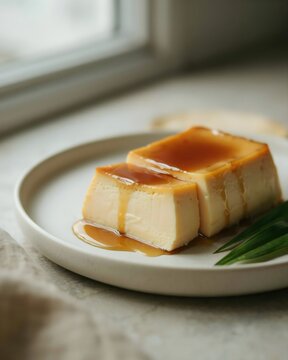 Delicious Slice of Creamy Caramel Custard Pudding Flannel Flan Dessert Drizzled with Sweet Syrup Served on Ceramic Plate Food Photography