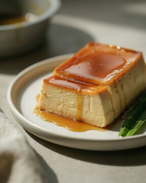 Delicious Slice of Creamy Caramel Custard Pudding Flannel Flan Dessert Drizzled with Sweet Syrup Served on Ceramic Plate Food Photography