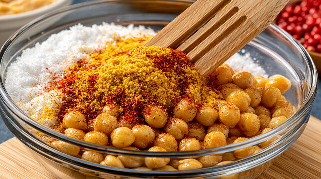 Mixing roasted chickpeas with spices and grated cheese in a glass bowl wooden spoon vegan food