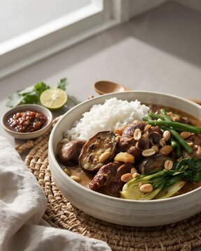 Authentic Filipino Kare-Kare Stew Served with Rice Eggplant Bok Choy Green Beans and Peanut Sauce in Ceramic Bowl Food Photography