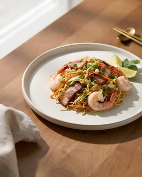 Traditional Filipino Pancit Canton Stir Fried Noodles Topped with Crispy Pork Belly Slices Fresh Shrimps Julienne Carrots Cabbage and Lime Wedges