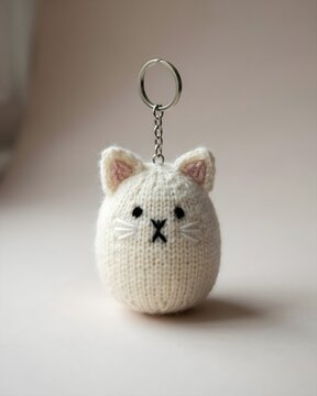 Cute Handmade Knitted White Cat Plush Keychain Accessory with Embroidered Whiskers and Metal Keyring Neutral Studio Product Photography