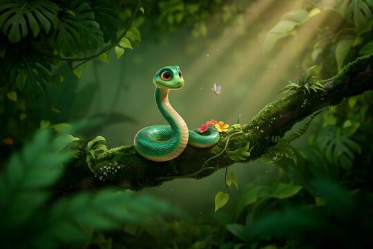 Cute 3D Rendered Friendly Green Snake Coiled on Mossy Tree Branch in Lush Tropical Rainforest Jungle Environment