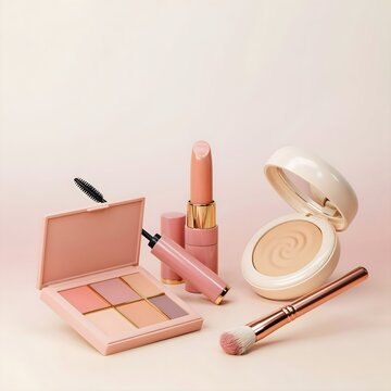 Luxury Makeup and Cosmetics Set Featuring Eyeshadow Palette Lipstick Compact Powder Powder Brush and Mascara on Pink Background   