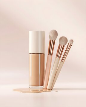 Liquid Foundation Glass Bottle Mockup set with Soft Makeup Brushes on Pastel Pink Background Cosmetic Product Photography