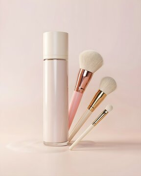 Liquid Foundation Glass Bottle Mockup set with Soft Makeup Brushes on Pastel Pink Background Cosmetic Product Photography