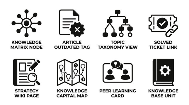 Set of information management and corporate strategy icons with information management strategy outdated taxonomy learning business knowledge database interface connection corporate