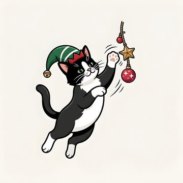 Playful tuxedo cat in elf hat jumping for Christmas ornaments above study book table with compass