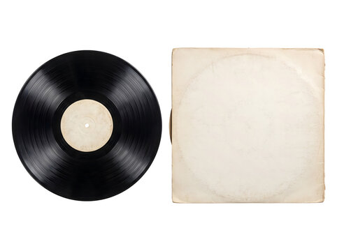 Vintage Vinyl Record and Sleeve: A classic black vinyl record lies beside its aged paper sleeve, evoking a sense of nostalgia for analog music and a bygone era of sound.