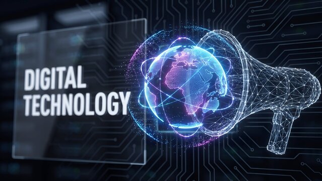 Digital technology concept with a glowing blue wireframe megaphone and a globe, set against a dark background, with circuit board patterns