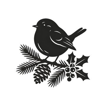 Silhouette vector illustration of a robin bird perched on pine branch with holly and pinecone