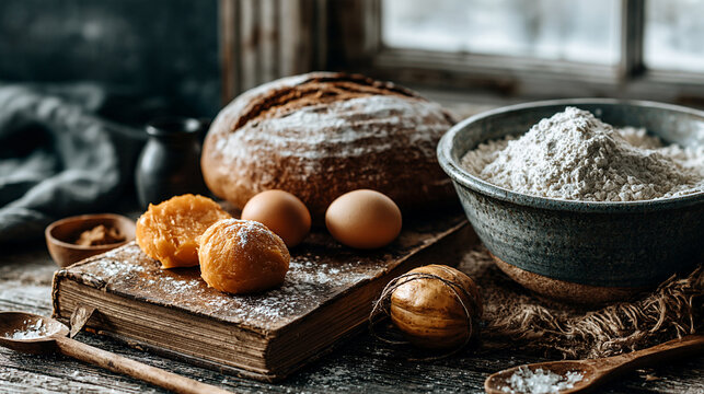 Rustic composition with loaf of bread flour in bowl and eggs on wooden table
