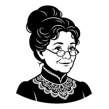 Vintage vector portrait bust of an elderly woman with glasses and lace collar