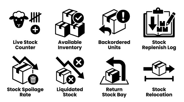 Set of inventory and warehouse stock management process icons with inventory warehouse logistics management shipping distribution business operations counting tracking handling backorder