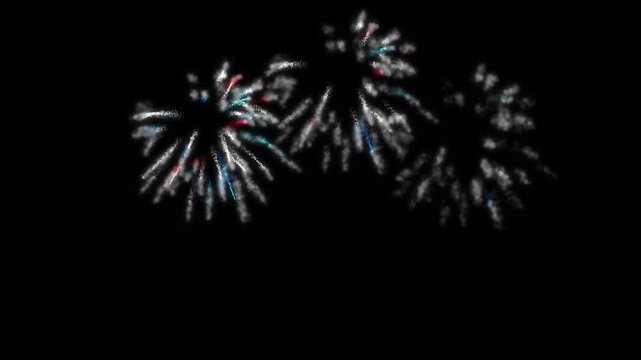 Colorful fireworks explosion on black screen background, Blue and white firework bursts exploding, quality firework explosions isolated.