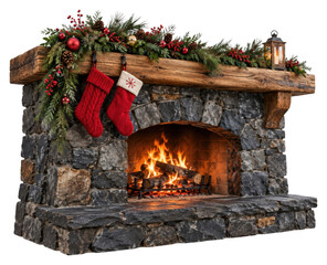 Fototapeta premium Festive stone fireplace with stockings, greenery, and fire, PNG transparent background