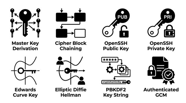 Set of eight cryptographic security and data encryption process icons for digital communication with security encryption cryptography protection password authentication certificate information