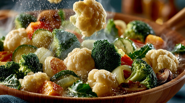Stir fried vegetables with broccoli and cauliflower in ceramic pan mixed vegetables hot meal