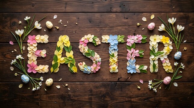 Easter word art made of colorful spring flowers on a rustic wood background