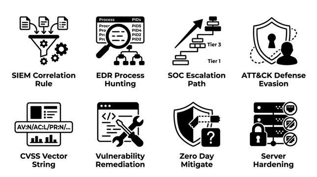 Set of cybersecurity and network threat icons illustrating siem rules edr hunting server hardening with cybersecurity hardening security escalation vulnerability remediation mitigate protection