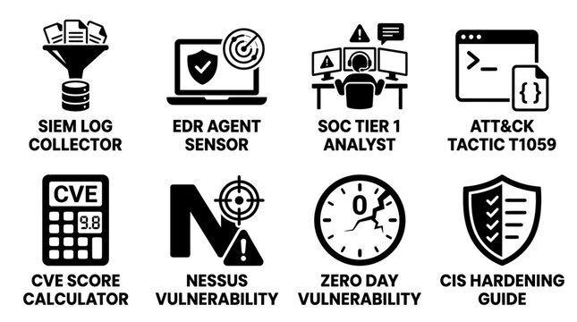 Set of cybersecurity and vulnerability management icons showing log collectors agent sensors cve score calculators cybersecurity vulnerability management collector calculator hardening