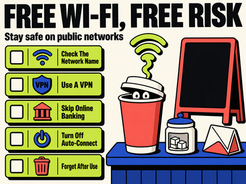 Free Wi-Fi Risk: Infographic illustrating the risks of public Wi-Fi and tips for staying safe online, featuring icons for VPN, network name check, and auto-connect.