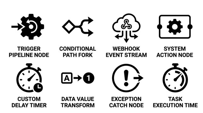 Set of workflow automation and process management icons showing triggers and system events with workflow automation pipeline management transform exception execution software development