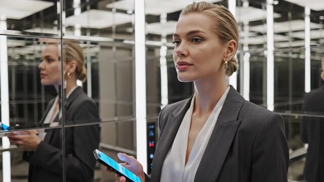 Elegant businesswoman using smartphone in modern elevator with mirrors. Blonde professional checking mobile phone in corporate lift. Business travel concept