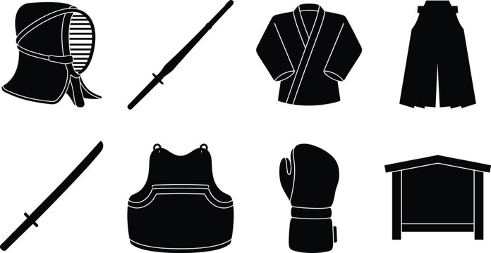 Kendo Martial Arts Equipment Icon Collection with Samurai Armor Weapons and Training Gear Symbols for Sports Graphic Design Projects