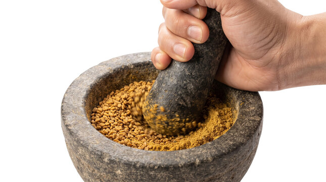 Stone mortar and pestle grinding spices, human hand crushing aromatic fenugreek seeds, traditional culinary cooking ingredient prep isolated PNG with Transparent Background